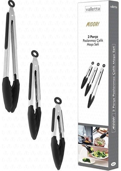 Midori Metal Saplı Silikon Uçlu Kilit Sistemli Smart 3lü Maşa Seti Siyah modelleri