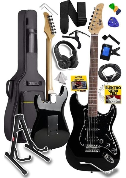 RPH-40BK-ST Full Black Elektro Gitar Seti Hsh Manyetik Maple Klavye Üst Kalite