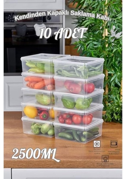 Set Saklama Kabı, 10 Adet 2500ML Kare Şeffaf Kendinden Kapaklı Saklama Kabı, Bpa Içermez, Buzdolabı, Dondurucu ve Dolap Organizeri