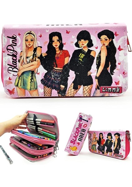 Kalem Kutusu Black Pink Organizer Kalemkutu Vegan Deri Üç Bölmeli Kalemlik-Pembe