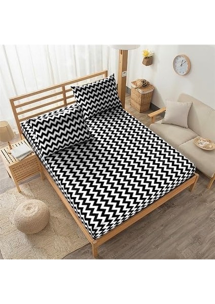 Çift Kişilik Battal Boy 180X200 Lastikli Çarşaf Takımı - Siyah-Beyaz Zikzak Desenli