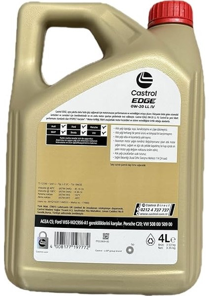 Edge 0W-20 Ll Iv 4 Litre Motor Yağı 2025 Ü.t fiyatları