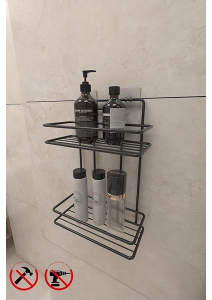Banyo Ömür Boyu Paslanmaz Yapışkanlı Siyah 2 Katlı Düz Şampuanlık Tş02, Delmeye Son, Ister Yapıştır Ister Montajla modelleri