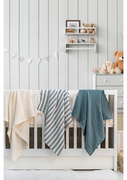 Örtü & Battaniye 3'lü SET%100 Pamuk Oeko-Teks Sertifikalı 80X70 cm (Mavi-Ekru)