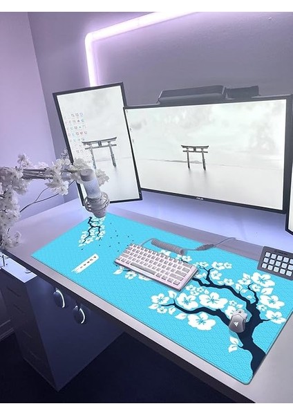 Gaming Sakura Mouse Pad 31X28, 70X30, 80X30, 90X40 Cherry Blossom Mouse Pad Xxl Büyük Oyuncu Mouse Altlığı Kiraz Çiçeği Mousepad (Turkuaz-Beyaz, 90X40 cm 3mm Kalınlık) modelleri