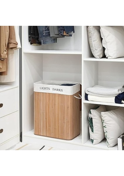 Home Doğal Bambu Katlanabilir Kirli Çamaşır Sepeti, Yıkanabilir Çıkarılabilir Astar Torbalı, Sele Görünümlü Şık ve Dayanıklı Çamaşır Sepeti, Kapaklı ve Ergonomik Tasarım (2 Bölmeli) fiyatları