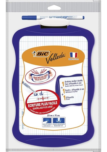 Velleda Mini Beyaz Tahta, Kalem 1721, Silgi, 20 x 30 Cm. Yazı Tahtası, Mavi Kalem ve Silgi ile Birlikte