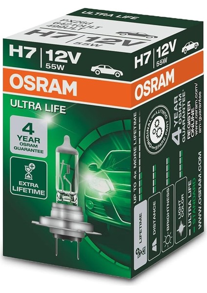 Ampul Ultra Life H7 12V 55W 4 Yıl Garantili, Daha Uzun Kullanım Süresi 64210ULT