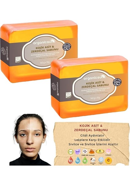 Kojik Asit & Zerdeçal Sabunu 2 Adet x 140 gr Leke ve Sivilce Karşıtı Kojic Acid - Kolajen - Aha Bha - C Vitamini - Hyaluronic Acid - Shea Butter Yağı Içerikli Aydınlatıcı Sabun