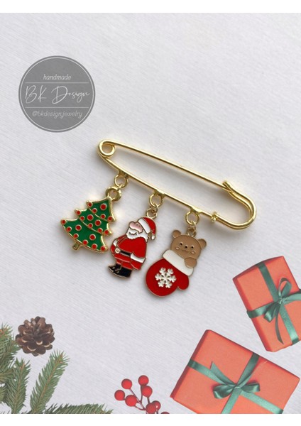 Noel Yeni Yıl Yılbaşı Temalı Broş Yaka Iğnesi Iskoç Iğnesi Çam Ağacı Noel Baba Detaylı