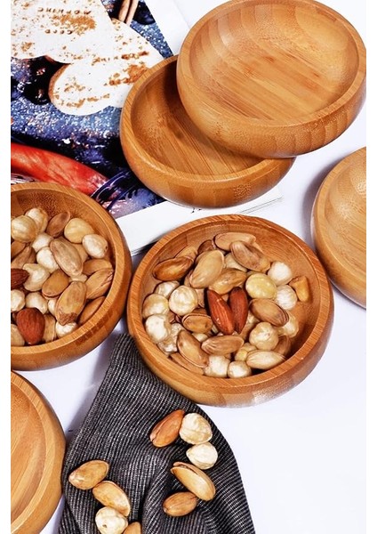 4'lü Yuvarlak Bambu Çerezlik - Doğal Bambu Sunum Kasesi, Zeytinlik ve Kahvaltı Sunumluğu | Çok Amaçlı Dayanıklı ve Şık Tasarım