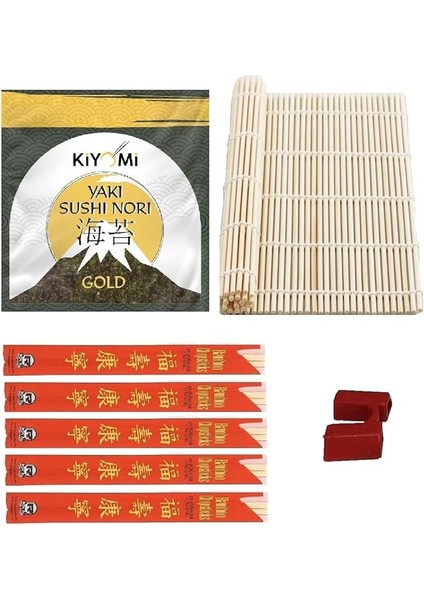 Sushi Ekipman Seti | 10 Yaprak Sushi Nori Yosunu, 100% Doğal Bambu Sushi Matı, 5 Çift Doğal Bambu Kılıflı Chopstick, 1 Adet Chopstick Öğretici Aparat