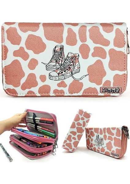 Kalem Kutusu Inek Desenli Kawai Organizer Kalemkutu Vegan Deri Üç Bölmeli Kalemlik -Nude(Pembe)