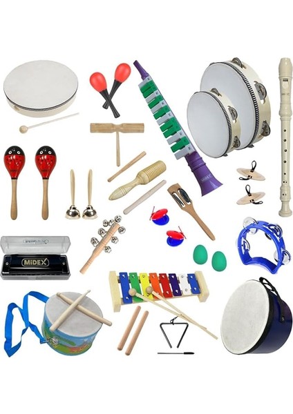 Örf Aletleri Seti Over Paket-3 Marakas Zil Üçgen Ksilofon Melodika Mızıka Davul Flüt (23 Parça)