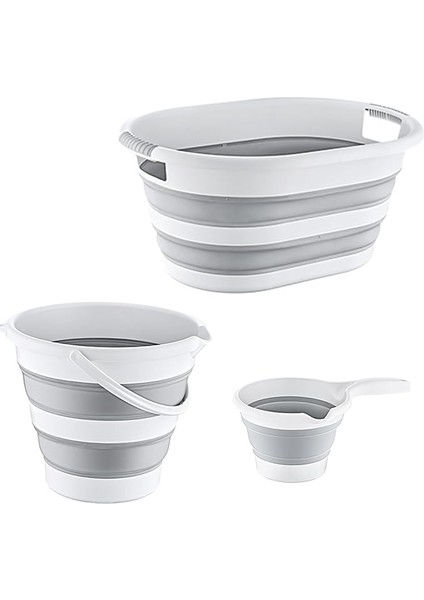 3'lü Set Katlanabilir Çamaşır Sepeti, Kova, Maşrapa, Plastik Akordiyon Yer Kaplamayan Tasarım