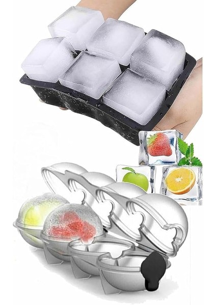 Home Silikon Buz Kalıpları (2 Li Set) Kapaklı Küre Buz Kalıbı ve Büyük Kare Buz Kalıbı & Bpa Içermez (Küre Buzluk Modeli Asortidir)