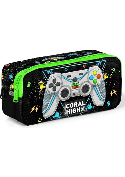 High Siyah Fosforlu Yeşil Gamer Iki Bölmeli Kalem Çantası - Erkek Çocuk