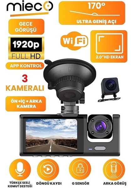 1s WIFI/1920P FHD/170° Ultra Geniş Açı/gece Görüşü ve G-Sensörü/ 3 Kameralı Araç Kamerası (2025) fiyatları