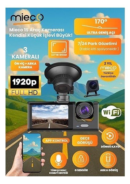1s WIFI/1920P FHD/170° Ultra Geniş Açı/gece Görüşü ve G-Sensörü/ 3 Kameralı Araç Kamerası (2025) modelleri