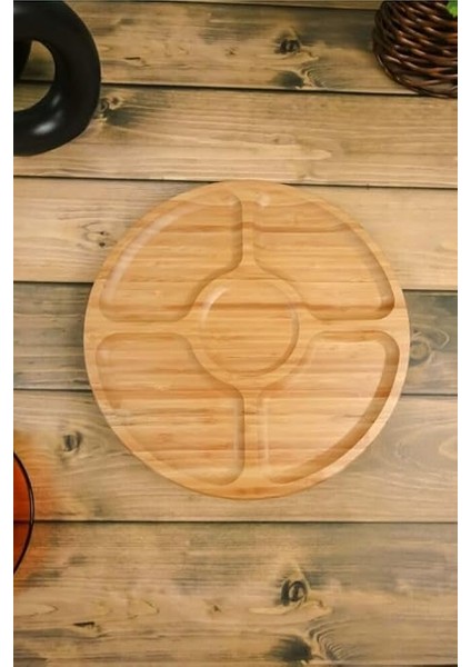 360° Dönebilen Bambu Kahvaltı, 30CM Sunum ve Çerezlik Tabağı 5 Bölmeli, Dönerli Bambu Sunum Tabağı fırsatları