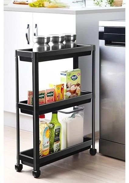 Plastik 3 Katlı Tekerlekli Organizer Diktördgen Raf Ünitesi Siyah fiyatları