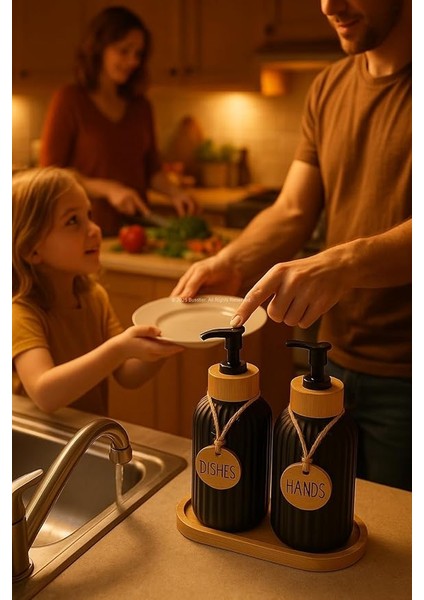 Bulaşık Deterjanlık ve Sabunluk Seti Bambu Tepsili Şık Ikili Set Siyah Beyaz Modern Tasarım Kompozit Malzemeli Mutfak Tezgah Üstü Organizer (Çizgili) modelleri