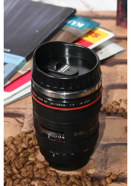 Objektif Kupa Lens Kupa Kahve ve Çay Için Termos Kupa Fotoğraf Tutkunları Için Dekoratif Hediyelik 350 ml (Plastik Kapak)