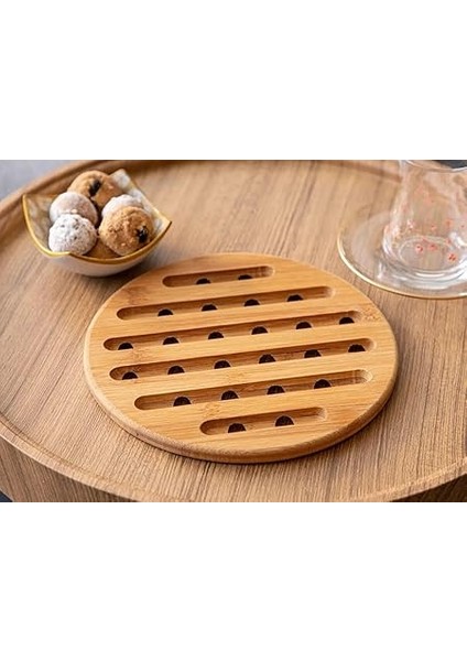 Bambu Nihale Isıya Dayanıklı Ahşap Tencere ve Tava Altlığı Kaymaz Mutfak Servis Ürünü (Yuvarlak) indirimleri
