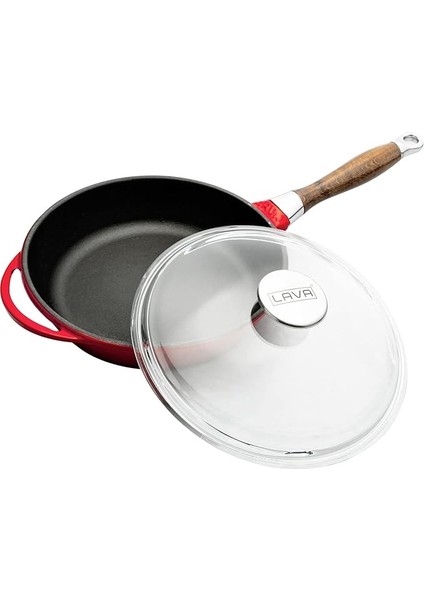 Metal Cam Kapaklı Ahşap Kulplu Yuvarlak Kızartma Tavası, 24 Cm, Kırımızı