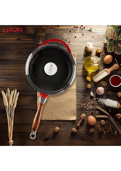 Metal Cam Kapaklı Ahşap Kulplu Yuvarlak Kızartma Tavası, 24 Cm, Kırımızı indirimleri