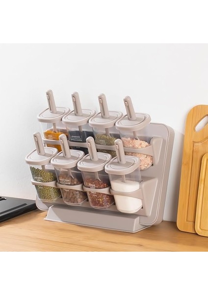 1123 8'li Standlı Kaydırmalı Kaşıklı 360° Döner Kapaklı Etiketli Baharatlık Seti - Erzak Saklama Kabı Cappuccino