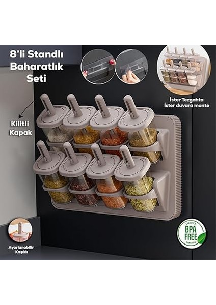 1123 8'li Standlı Kaydırmalı Kaşıklı 360° Döner Kapaklı Etiketli Baharatlık Seti - Erzak Saklama Kabı Cappuccino fiyatları