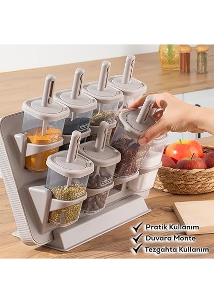 1123 8'li Standlı Kaydırmalı Kaşıklı 360° Döner Kapaklı Etiketli Baharatlık Seti - Erzak Saklama Kabı Cappuccino modelleri