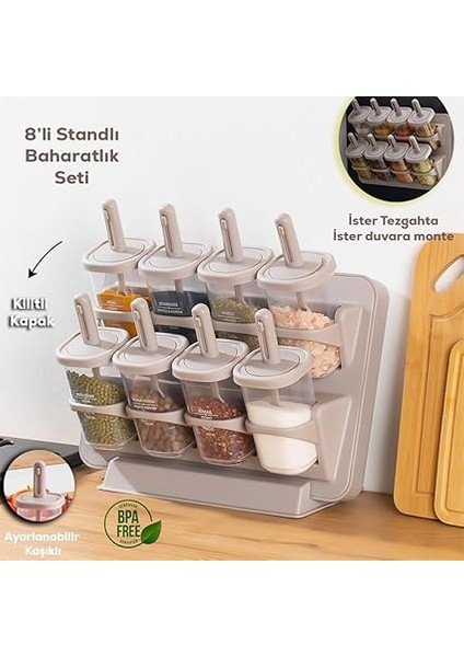 1123 8'li Standlı Kaydırmalı Kaşıklı 360° Döner Kapaklı Etiketli Baharatlık Seti - Erzak Saklama Kabı Cappuccino fırsatları