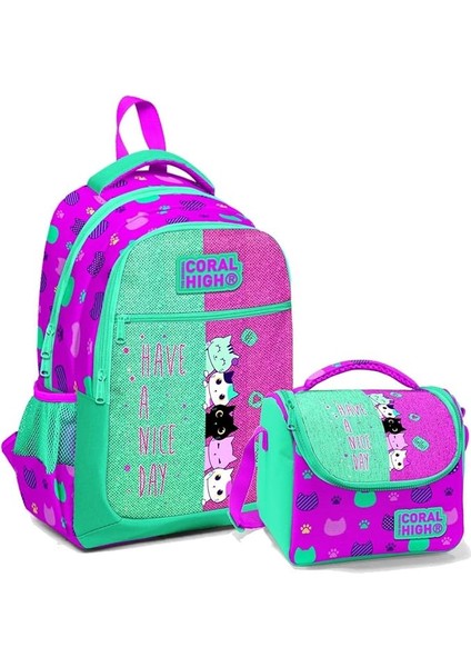 High Ilkokul Okul Sırt Çantası ve Beslenme Çantası Seti -Sevimli Kediler Kız Çocuk
