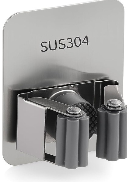 304 Kalite Paslanmaz Çelik Duvar Tipi Süpürge ve Mop Tutucu – 6,5x8 Cm, Yapışkanlı Montaj, Kaymaz Kauçuk Silindir, Deliksiz Askı Aparatı, Bahçe, Çamaşır Odası, Garaj, Ofis, Balkon Için