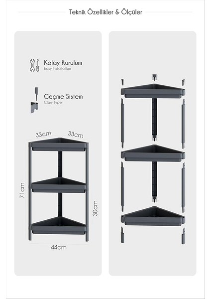 Life 3 Katlı Üçgen Plastik Gri Banyo Mutfak Rafı MIT1061 indirimleri