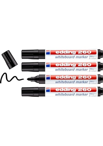 260 Beyaz Yazı Tahtası Kalemi, Siyah, 4'lü Set, Yuvarlak Uç 1,5-3 mm