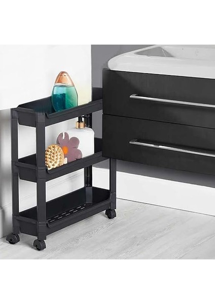 Plastik Çok Amaçlı Siyah 3 Katlı Tekerlekli Dikdörtgen Banyo Raf Ünitesi fiyatları