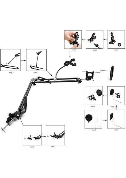 3in1 Hareketli Tasarım Profesyonel Mikrofon Standı + Pop Filtre + Telefon Tutucu - AL2552 modelleri