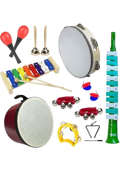 Örf Aletleri Seti Median Paket-2 Maracas Zil Kastanyet Üçgen Ritim Ksilofon Davul Tef (11 Parça)