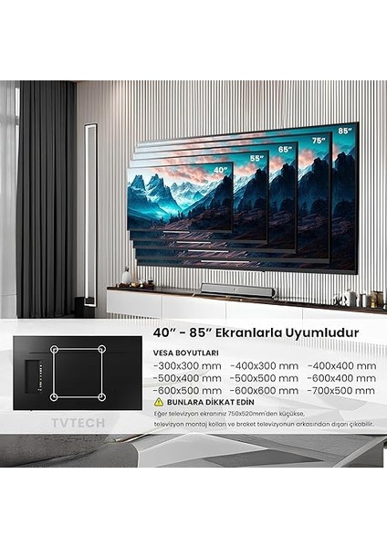 TV-4065 Televizyon Duvar Askı Aparatı, 40"-65" Inç (102-165CM) Vesa 400X400-600X400-600X500 Max 50KG/110LBS-KILITLI Sistem-Sarsılmaz-Depreme Karşı-Çocuk Kilitli - Kavisli/curved Uyumlu fırsatları