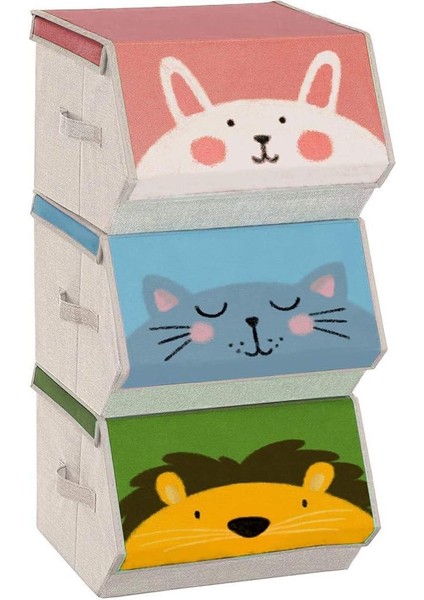 Saklama Kutuları, 3'lü Set, Katlanır Kutular, Kulplu Kumaş Kutular, Oyuncak Düzenleyici, Manyetik Kapaklar, Çocuk Odaları, Oyun Odaları, Hayvan Motifleri, Pembe, Mavi, Yeşil ve Gri RFB760P01