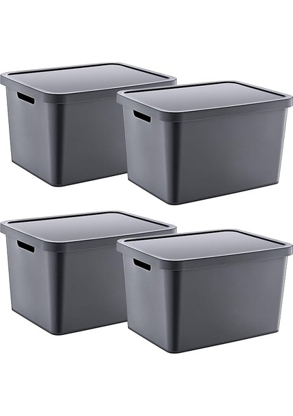 4'lü Set Stafi Çok Amaçlı Kapaklı Kutu Antrasit 18 Lt - Antrasit, Çok Amaçlı Kapaklı Kutu, Ev-Ofis-Depo Için, Kapaklı Saklama Kutusu