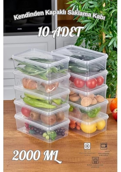 Set Saklama Kabı, 10 Adet 2000ML Dikdörtgen Şeffaf Kendinden Kapaklı Saklama Kabı, Bpa Içermez, Buzdolabı, Dondurucu ve Dolap Organizeri fiyatları