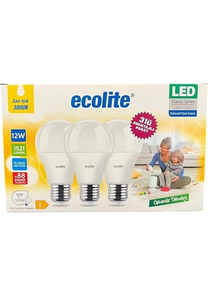 12W LED Ampul 3'lü Paket – 1521 Lümen, 100W Eşdeğer, E27 Duy, 3000K Sarı Işık, Opal Cam,%88 Enerji Tasarrufu, 15000 Saat Ömür indirimleri