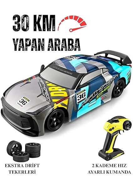 30 Km Hız Yapan Uzaktan Kumandalı Araba Şarjlı Drift Atan Hız Vitesli LED Işıklı 2 Kademeli Hız Vitesi 2 Farklı LED Işıklı Farlar Yedek Drift Lastikler (Spor) fiyatları