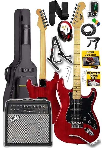 RPH-40RD-50AMP 50W Şarjlı Bt Amfili Elektro Gitar Seti Hsh Manyetik Maple Klavye