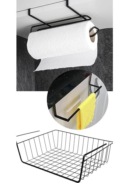 Paslanmaz Çelik 3'lü Lüks Mutfak Seti, Kanguru Raf + Havlu Kağıtlık + Mutfak Bez Askısı, Siyah