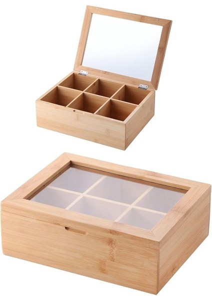 Bambu 6 Bölmeli Çay Kutusu -%100 Orjinal Bambu Mıknatıslı Kapak 21X16,5 X7CM